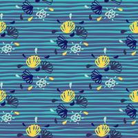 heldere bloemen naadloze doodle patroon. marine en geel voorgevormd ornament op gestripte blauwe achtergrond. vector