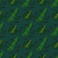 donker turkoois naadloos patroon met hand getrokken monsterabladornament. groene en olijf silhouetten tropische print. vector