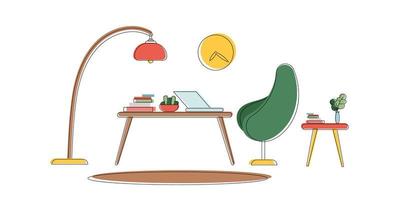 werkplek in lijn kunststijl. tafel, laptop, vloerlamp, tapijt, boeken en kamerplant. voor applicaties, websites en presentaties. vectorillustratie. vector