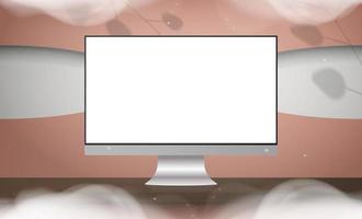 een monitor met een wit scherm staat op een houten tafel. een roze kamer met een stijlvol design. klaar banner voor uw advertentie. vectorillustratie. realistische stijl. vector