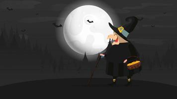 een heks in een zwart gewaad loopt door het bos. heks met een hoed. geschikt voor ontwerpen met een halloween-thema. vector. vector