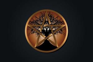 boom pentagram, levensboom en wicca pentagram. heilige geometrie. gouden logo, boek van schaduwen heidense Wicca godin symbool, energie cirkel, aarde en welvaart, vector geïsoleerd op zwarte achtergrond