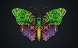 gouden luxe decoratieve vlinder kleurrijke pauw textuur, juweel logo sjabloon illustratie. vectorontwerp voor mode-, poster- en kaartafdrukken, bedrijf, sieraden, geïsoleerd op zwarte achtergrond vector