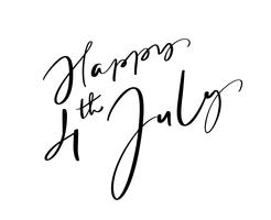 Hand getekend vector belettering tekst Happy 4 juli. Illustratie kalligrafie zin ontwerp voor wenskaart, poster, T-shirt