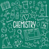 chemie symbolen pictogramserie. wetenschap onderwerp doodle ontwerp. onderwijs en studie concept. terug naar school schetsmatige achtergrond voor notebook, niet pad, schetsboek. vector