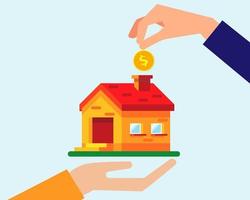 leningen voor onroerend goed concept, er zijn twee handen en gouden munten voor het verkopen en kopen van een nieuw huis. cartoon vectorstijl voor uw ontwerp. vector