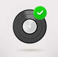 muzikaal vinyl schijfpictogram met vinkje. 3D-vectorpictogram vector