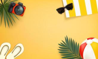 reizigers dingen op een strand. zonnebril, fotocamera, handdoek met strepen, strandbal, palmbladeren en pantoffels op een zand. 3D-vectorillustratie met kopie ruimte voor een tekst