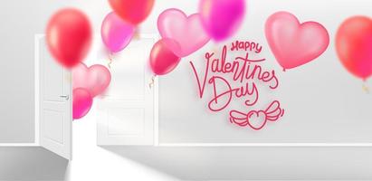 happy Valentijnsdag kaart met ballonnen. geopende deur in licht interieur met vliegende luchtballonnen. 3d vectorillustratie vector