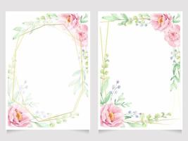 roze roos en pioen bloem boeket krans met gouden frame huwelijksuitnodiging of verjaardag wenskaartsjabloon collectie vector