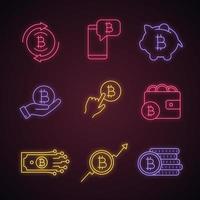 bitcoin cryptocurrency neonlicht pictogrammen instellen. bitcoin-uitwisseling, cryptocurrency-chat, spaarvarken, betalen per klik, portemonnee, digitaal geld, marktgroei, muntenstapel. gloeiende borden. vectorillustraties vector