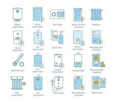 verwarming kleur pictogrammen instellen. cv-ketels, radiatoren, thermostaat. gas, elektrisch, vaste brandstof, pellet, zonneboilers. commerciële, industriële en huishoudelijke centrale verwarmingssystemen. geïsoleerde vectorillustraties vector