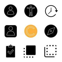 ui ux glyph-pictogrammen ingesteld. userpic, toegankelijkheid, update, gebruikersaccount, copyright, tool verkennen, opdracht ingeleverd, naar achteren en naar voren bladeren. silhouet symbolen. vector geïsoleerde illustratie