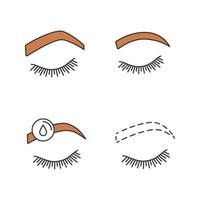 wenkbrauwen vormgeven kleur iconen set. steile gebogen en ronde wenkbrauwen, make-up verwijderen, wenkbrauwen contouren. geïsoleerde vectorillustraties vector