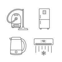 huishoudelijke apparaten lineaire pictogrammen instellen. stofzuiger, koelkast, waterkoker, airconditioning. dunne lijn contour symbolen. geïsoleerde vectoroverzichtsillustraties. bewerkbare streek vector