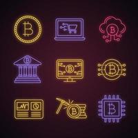 bitcoin cryptocurrency neonlicht pictogrammen instellen. munt, online winkelen, cloud mining, bankieren, bitcoin-webpagina, hashrate, cpu-mining, cryptocurrency. gloeiende borden. geïsoleerde vectorillustraties vector
