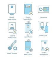 verwarming kleur pictogrammen instellen. boilers, heaters, thermostaat, stookruimte. gas en elektrische boiler. commerciële, industriële en huishoudelijke centrale verwarmingssystemen. geïsoleerde vectorillustraties vector