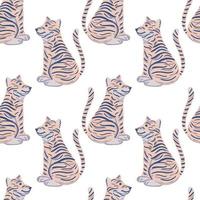 cartoon doodle tijger ornament naadloze geïsoleerde patroon. lichtroze print. witte achtergrond. dierentuin stijl. vector