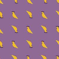 helder contrast naadloos patroon met geel kaketoe papegaai ornament. paarse achtergrond. doodle afdrukken. vector