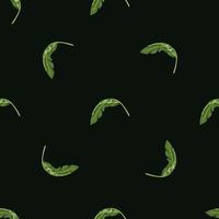 minimalistisch plantkunde naadloos patroon met kleine groene tropische bladerenvormen. zwarte achtergrond. vector