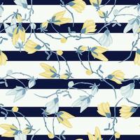 naadloze patroonmagnolia's op streepachtergrond. mooie textuur met lente blauwe en gele bloemen. vector