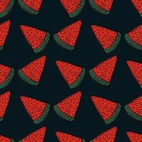 contrast naadloos vers voedselpatroon met felrode watermeloenplakafdruk. zwarte achtergrond. vector