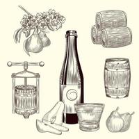 set van perencider. oogst peer, pers, vat, glas en ciderfles. ambachtelijke fruitbiercollectie. vector