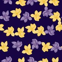 gele en paarse orchideebloemen print naadloos patroon in doodle stijl. donkere achtergrond. bloemen achtergrond. vector