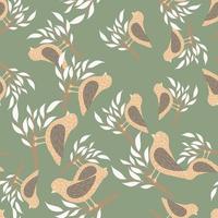 willekeurig naadloos patroon in pasteltinten met beige vogels op takken. groene olijf achtergrond. vector
