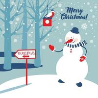 Kerst achtergrond met sneeuwpop en sneeuwvlokken. nieuwjaar en kerstmisillustratie. vector