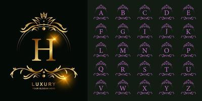 letter h of collectie eerste alfabet met luxe ornament bloemen frame gouden logo sjabloon. vector