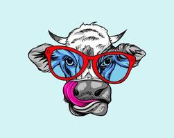 handgetekende schattige koe in rode bril. humorkaart, t-shirtsamenstelling, vectorillustratie.