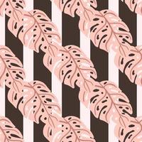 roze gekleurde monstera doodle vormen naadloos patroon in eenvoudige stijl. bruin gestreepte achtergrond. vector