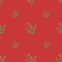 minimalistisch naadloos patroon met groene handgetekende wilde bloemenprint. rode achtergrond. vector