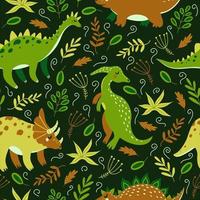 schattige cartoon dinosaurussen naadloze vector patroon. jura dieren in de jungle op een donkere achtergrond. handgetekende gigantosaurus. gekleurde doodle, vlakke stijl. dino tussen de bladeren en bloemen.