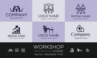 workshop eenvoudig concept pictogrammen instellen. bevat iconen als vergadering, bedrijf, bedrijf, training en meer, kan worden gebruikt voor web en apps. vector