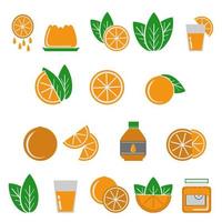 set met sinaasappels, fruit, hele en helften, bladeren en citrusproducten in de vorm van gelei, sap, drank en jam, icon set voor ontwerp vector