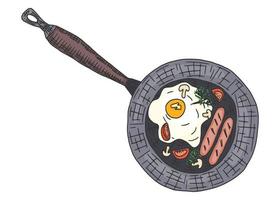 gebakken eieren in een pan met worstjes gekleurde schets vector