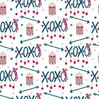 naadloos patroon met kaarsen, pijlen, xoxo-letters versierd met harten voor Valentijnsdag op wit. geweldig voor stoffen, inpakpapier, behang, covers. roze, rode en indigo kleuren vector