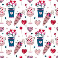 naadloos patroon met zoet voedsel voor Valentijnsdag op wit. dessert, snoep en hartvormig koekje. geweldig voor stoffen, inpakpapier, behang, covers. roze, rode en indigo kleuren. vector