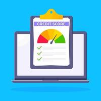 credit score gauge snelheidsmeter indicator met kleurniveaus op klembord. vector