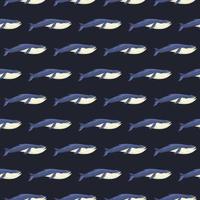 naadloze patroon blauwe vinvis op zwarte achtergrond. sjabloon van stripfiguur van oceaan voor stof. vector