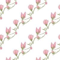 naadloze patroonmagnolia's op witte achtergrond. mooi ornament met roze lentebloemen. vector
