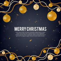 Vectorillustratie van vrolijk Kerstmis gouden en zwarte kleurenplaats voor tekst, gouden Kerstmisballen, gouden schitter snuisterijen, parelachtige balslingers en confettien vector