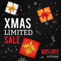 Kerstmis verkoop achtergrond met geschenkdozen, sneeuwvlokken en confetti op zwarte achtergrond. Kerst verkoop kaart. vector