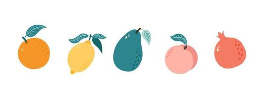 fruit doodles instellen. vector kleurrijke voedselinzameling. sinaasappel, avocado, citroen, perzik, granaat. zomer cartoon fruit pictogrammen