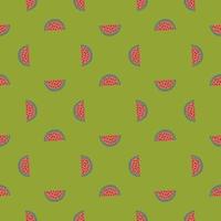 geometrische naadloze patroon met roze dooodle watermeloen sieraad. groene pastelachtergrond. eenvoudige afdruk. vector
