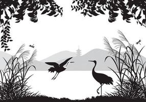 Aziatische Landschap Wallpaper Met Reiger Vector Pack