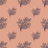 marineblauw bos boom silhouetten naadloze doodle patroon. roze achtergrond. bloemen minimalistische stijl achtergrond. vector