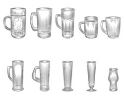 set van verschillende bierglas en mokken. bier beker silhouet. glas of alcoholische drank. vector